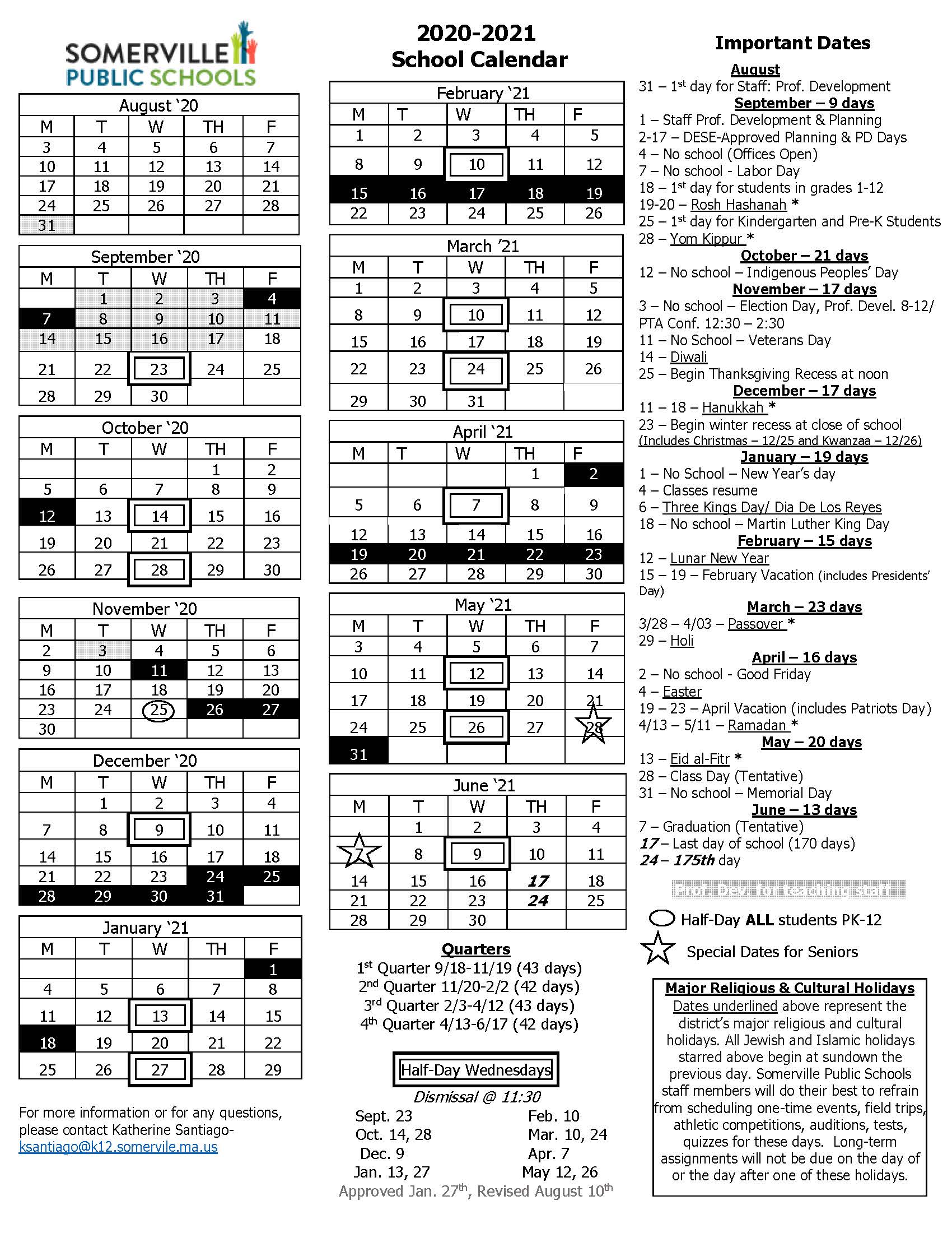 District School Year Calendar 2020-2021 | Somerville Public Schools